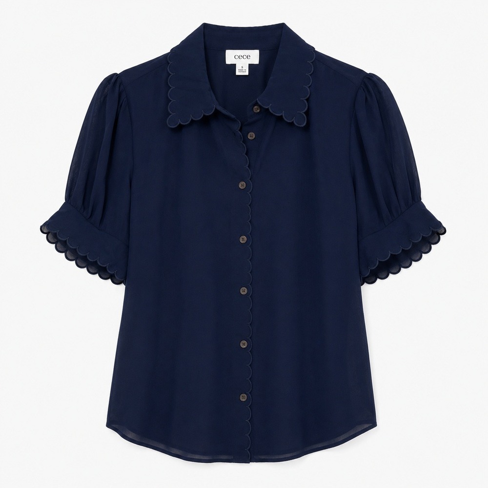 CeCe Mistee Navy Blue Scalloped Puff Sleeve Button Down Blouse NWT Large - Picture 2 of 8